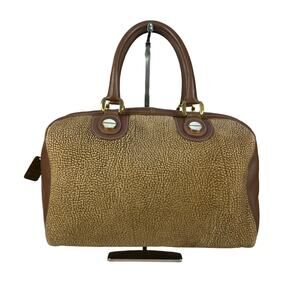 Borbonese Signature OP Suede Leather Satchel Boston Hand Bag Brown Italy Redwall